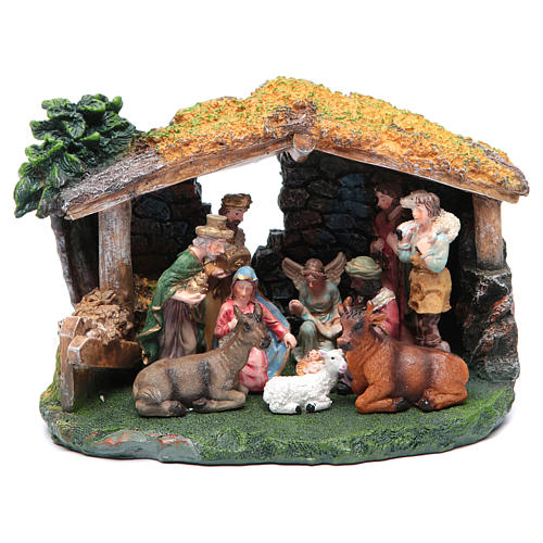 Resin nativity scene with hut and 8 cm characters 1