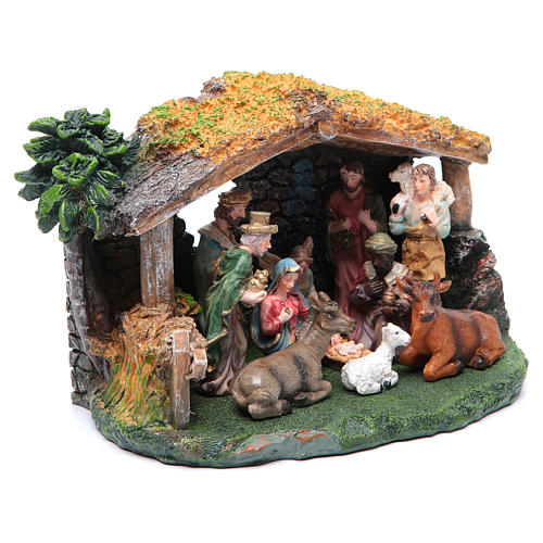 Resin nativity scene with hut and 8 cm characters 3