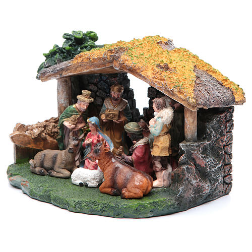 Resin nativity scene with hut and 8 cm characters 2