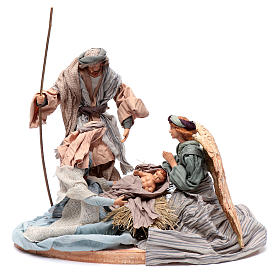 Holy family in resin and fabric 30 cm with angel