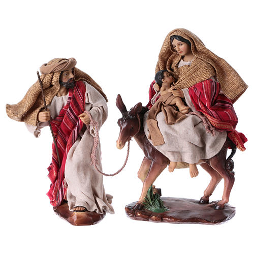Flight into Egypt in 2 pieces, resin and fabric, red mantles 24 cm 1