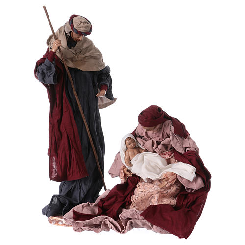 Nativité 36 cm résine et tissu rose bordeaux 1