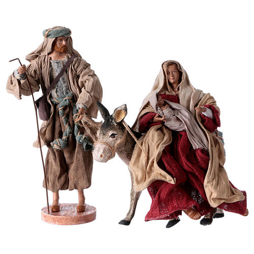 Holy Family and donkey 25 cm resin and ivory and burgundy cloth 1
