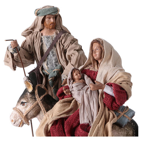Holy Family and donkey 25 cm resin and ivory and burgundy cloth 2