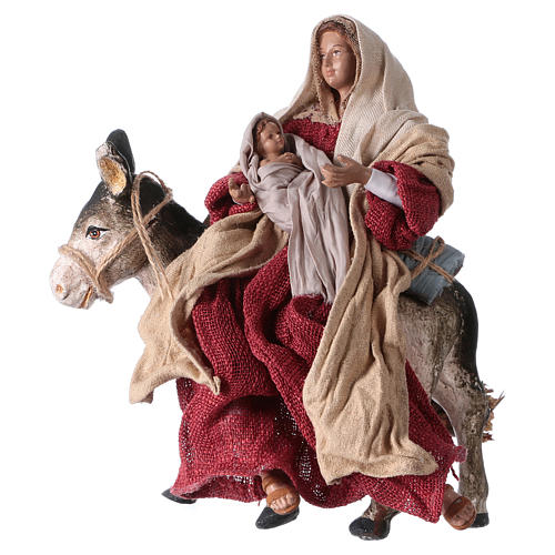Holy Family and donkey 25 cm resin and ivory and burgundy cloth 3