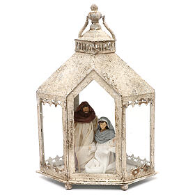 Holy Family 20 cm in hexagonal lantern 45x35x15 cm Shabby Chic style