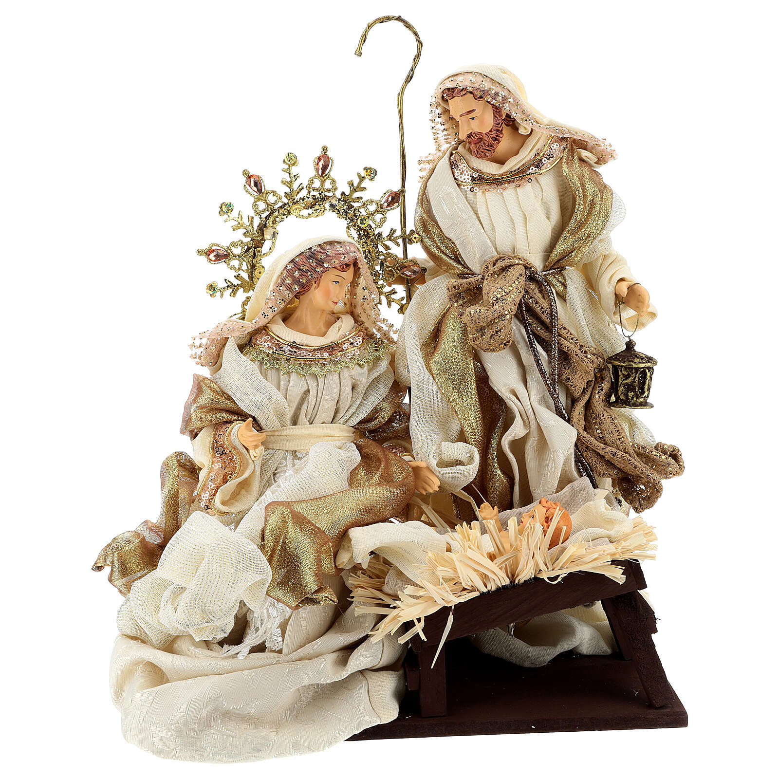 Holy Family 3 figurines, 36 cm in resin and Gold Beige cloth online sales on HOLYART.co.uk