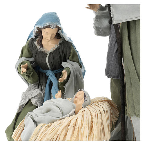 Nativity 60 cm resin Shabby Chic style with clothes made of green and gray gauze 2