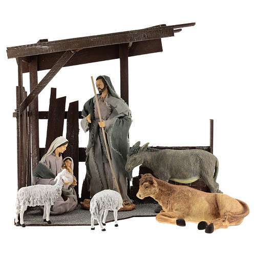 Conjunto 8 peças Natividade com figuras de 35 cm de altura média e cabana Shabby Chic 1
