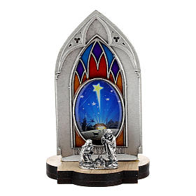 Nativity scene with gothic stained glass and wood base 8 cm