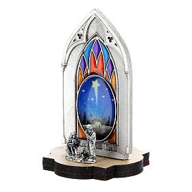 Nativity scene with gothic stained glass and wood base 8 cm