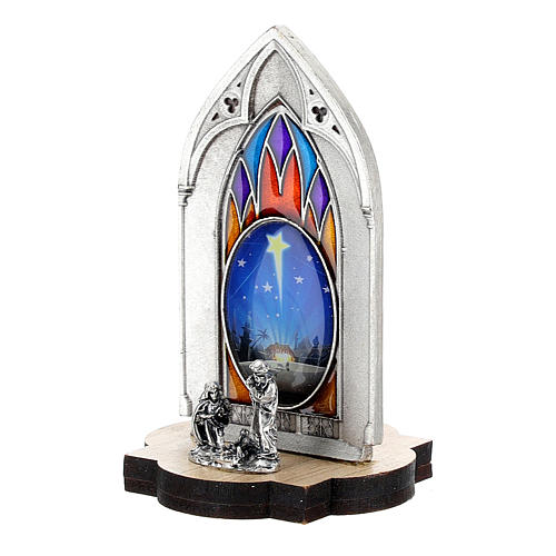 Natividade com vitral gótico com base em madeira 8 cm 2