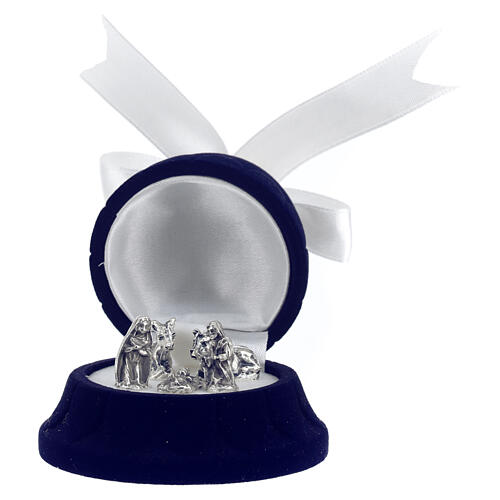 Miniature nativity metal in velvet blue bell box 1