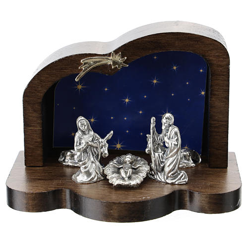 Nativity scene in metal with curved wood shack 5 cm 1