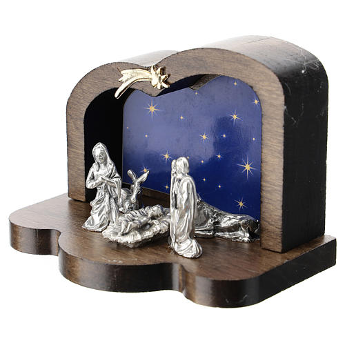 Nativity scene in metal with curved wood shack 5 cm 2