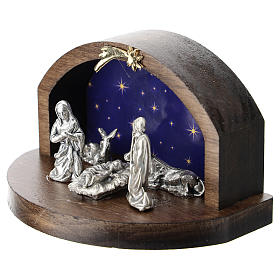 Nativity in metal with curved wood shack 5 cm