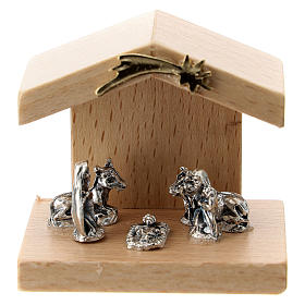 Metal Nativity with pear wood stable 5 cm