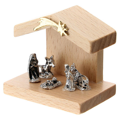 Metal Nativity with pear wood stable 5 cm 2