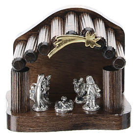 Nativity in metal with dark wood shack and star 5 cm