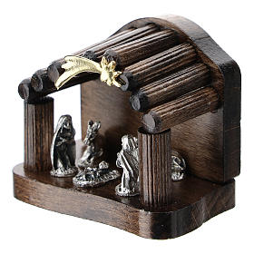 Nativity in metal with dark wood shack and star 5 cm