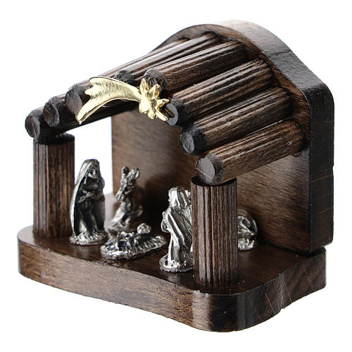 Nativity scene in metal with wooden peg stable 5 cm 2