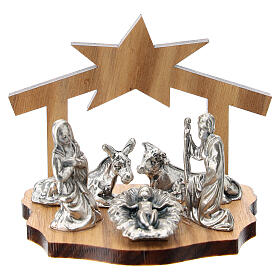 Weihnachtsgeschichte Krippe aus Holz mit Stern und Metallfiguren, 5 cm