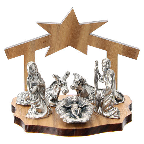 Weihnachtsgeschichte Krippe aus Holz mit Stern und Metallfiguren, 5 cm 1