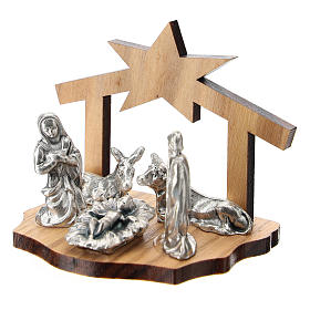 Metal Nativity with stylized grotto in olive wood 5 cm