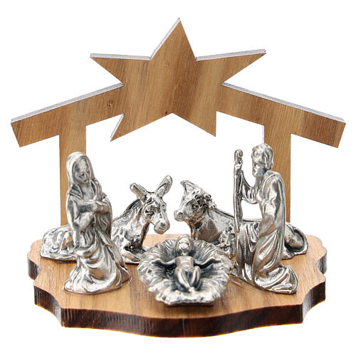 Metal Nativity with stylized grotto in olive wood 5 cm 1