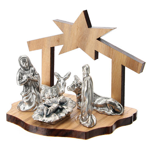 Metal Nativity with stylized grotto in olive wood 5 cm 2