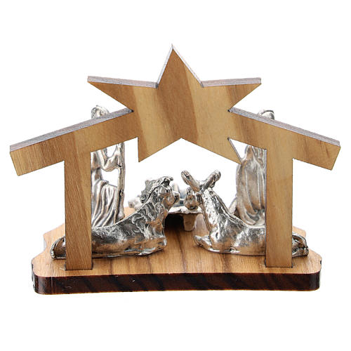 Metal Nativity with stylized grotto in olive wood 5 cm 3