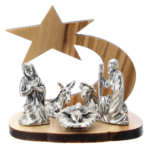 Holy Family in metal with olive wood comet stylized 5 cm 1