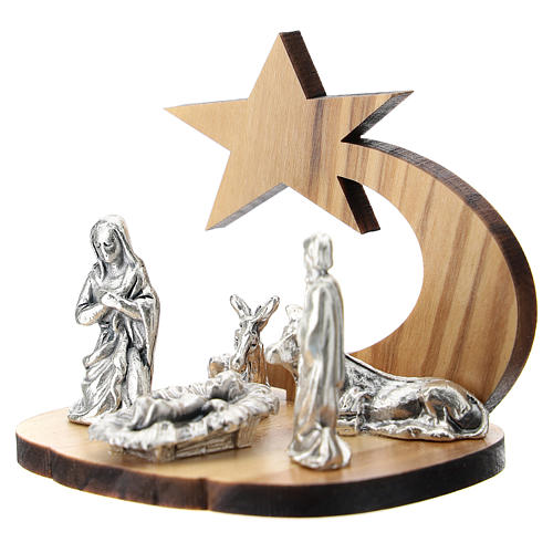 Holy Family in metal with olive wood comet stylized 5 cm 2