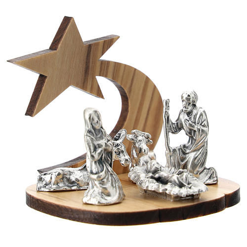 Holy Family in metal with olive wood comet stylized 5 cm 3