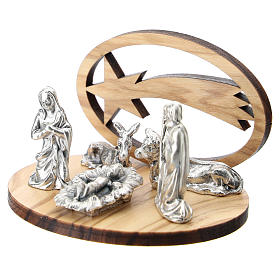 Nativity in metal with olive wood comet stylized 5 cm