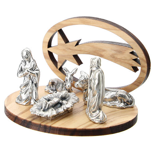 Nativity in metal with olive wood comet stylized 5 cm 2