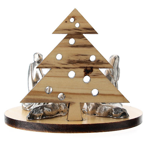 Nativity in metal with wood tree 5 cm 3