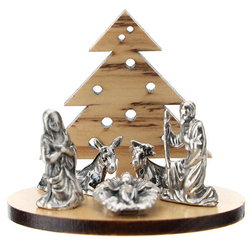 Holy Family statue with pine tree in olive wood 5 cm 1