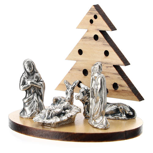 Holy Family statue with pine tree in olive wood 5 cm 2