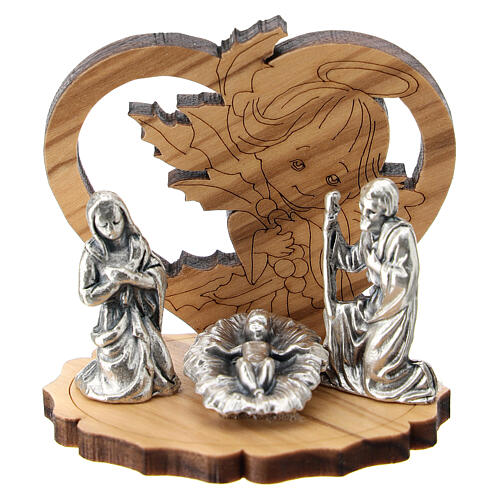 Metal Holy Family with olive wood angel 5 cm 1