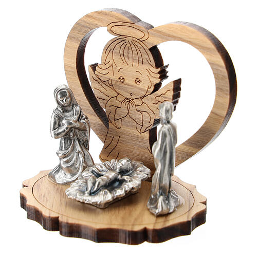 Aniołek i serce drewno oliwne, scena narodzin Jezusa metal, 5 cm 2