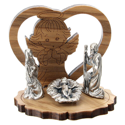 Angel and heart in olive wood with Nativity scene metal 5 cm 1