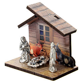 Nativity in metal with wood shack and printed ox and donkey 5 cm