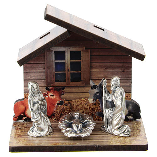 Nativity in metal with wood shack and printed ox and donkey 5 cm 1