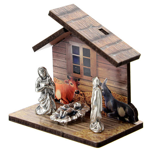 Nativity in metal with wood shack and printed ox and donkey 5 cm 2