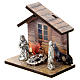 Nativity in metal with wood shack and printed ox and donkey 5 cm s2