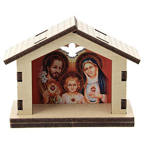 Weihnachtsgeschichte Hütte aus Holz mit Motiv der Heiligen Familie, 5 cm