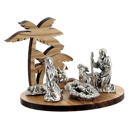 Metal nativity with olive palm trees 5 cm 3