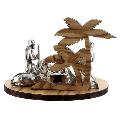 Nativity set in metal with olive wood palm, 5 cm 4