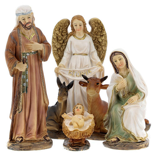 Natividade de Jesus 6 figuras resina cores claras 12 cm 1